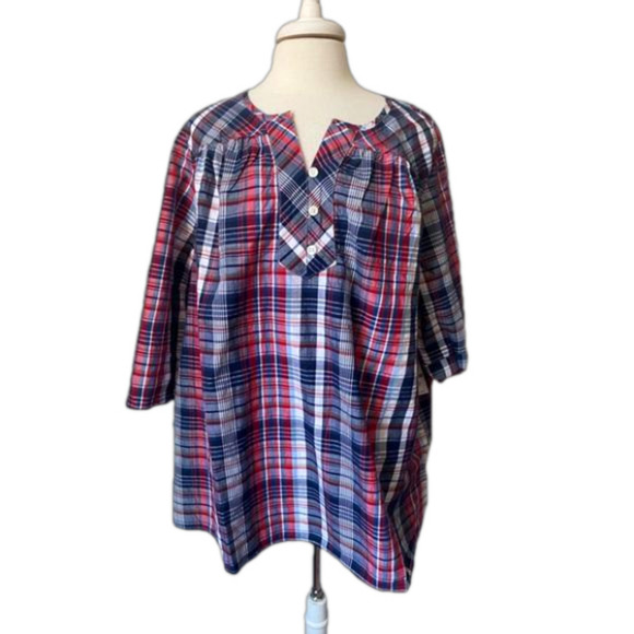 Catherines NWT Country Ranch Patriotic Pleated Plaid Oversized Comfy Blouse 1X - Picture 1 of 7